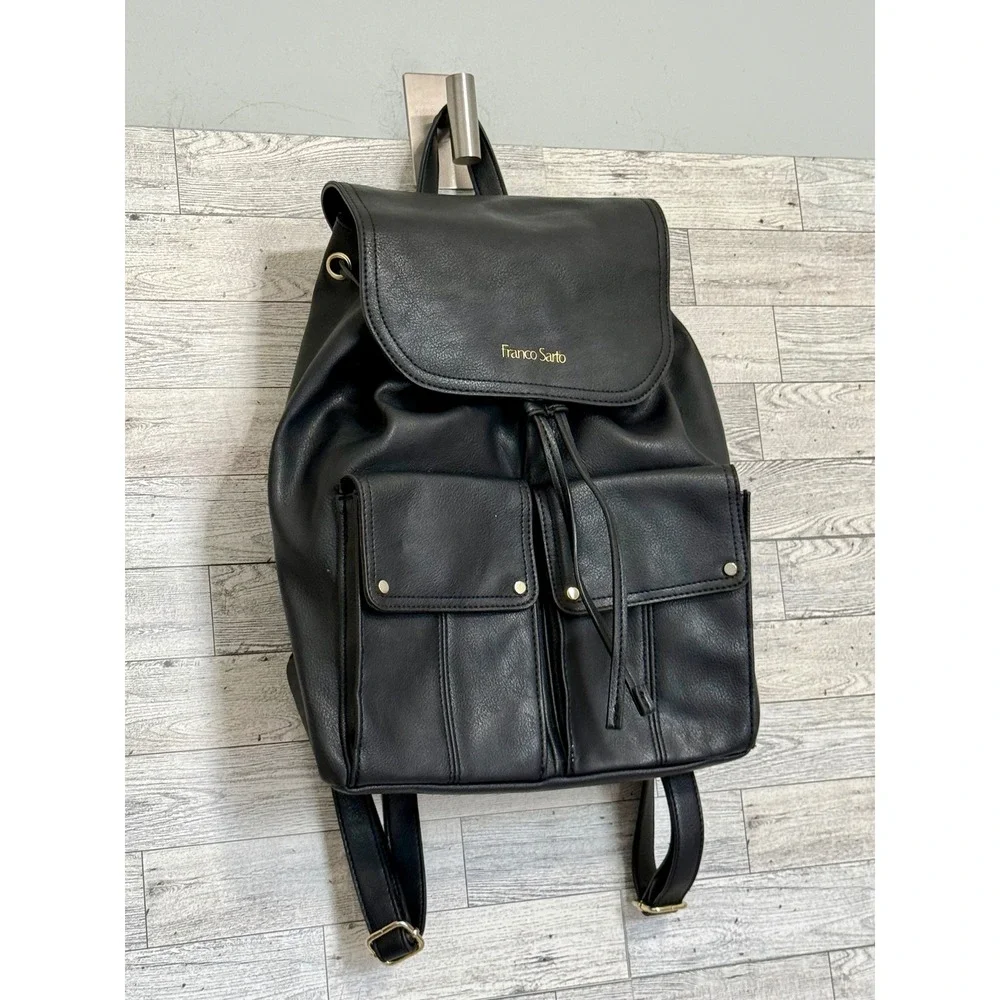 Franco Sarto Joslyn Black Vegan Leather Drawstring Backpack Gold Hardware Bag